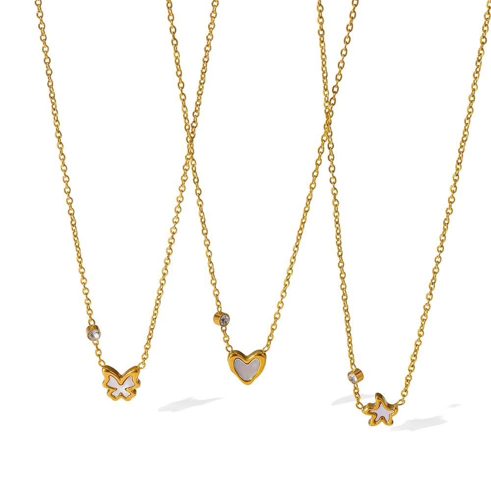 18K gold plated stainless steel mother‑of‑pearl butterfly heart star zircon pendant women necklace