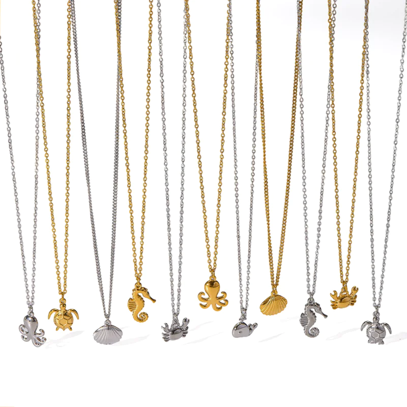 18K Gold‑Plated Stainless Steel Ocean‑Themed Pendant Necklace, Waterproof Dainty Clavicle Chain Jewelry for Women