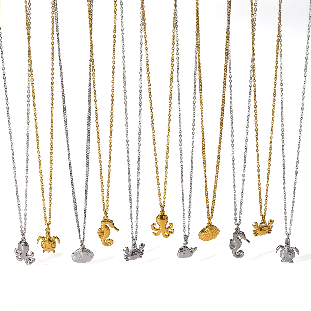 18K Gold‑Plated Stainless Steel Ocean‑Themed Pendant Necklace, Waterproof Dainty Clavicle Chain Jewelry for Women