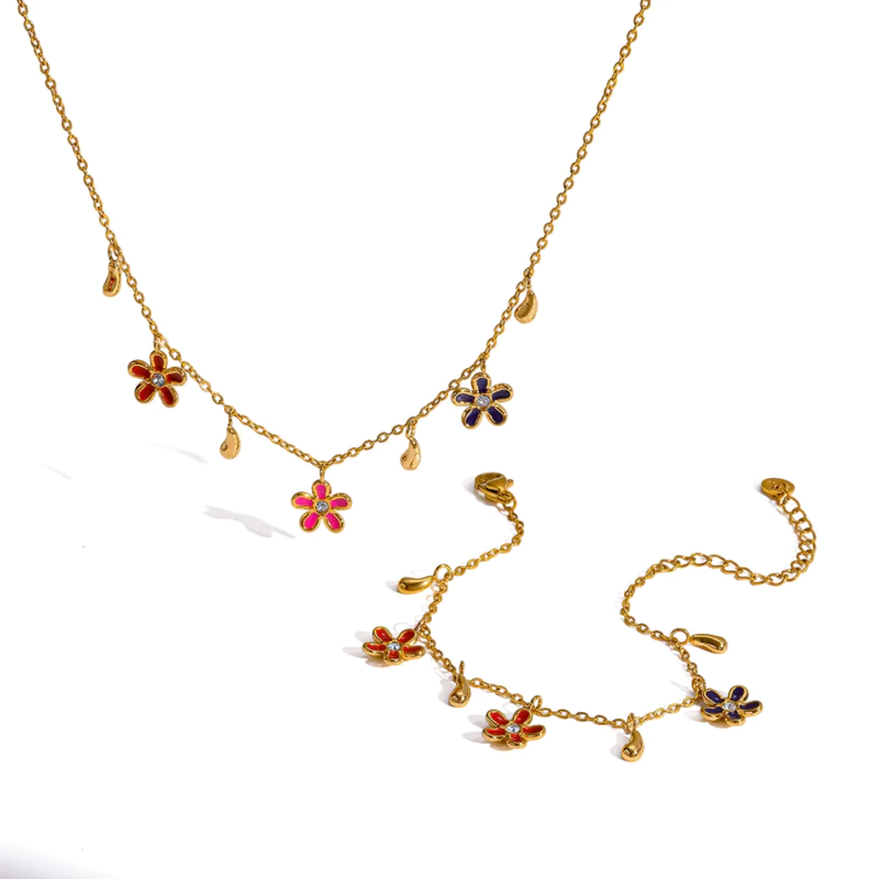 18K Gold‑Plated Stainless Steel Enamel Colorful Flower Zircon Necklace & Bracelet, Luxury Dainty Jewelry Set for Women