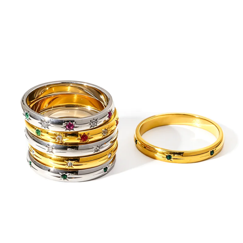 18k gold plated stainless steel thin band ring, luxury colorful cubic zirconia inlaid band, high-end waterproof stackable finger jewelry for women