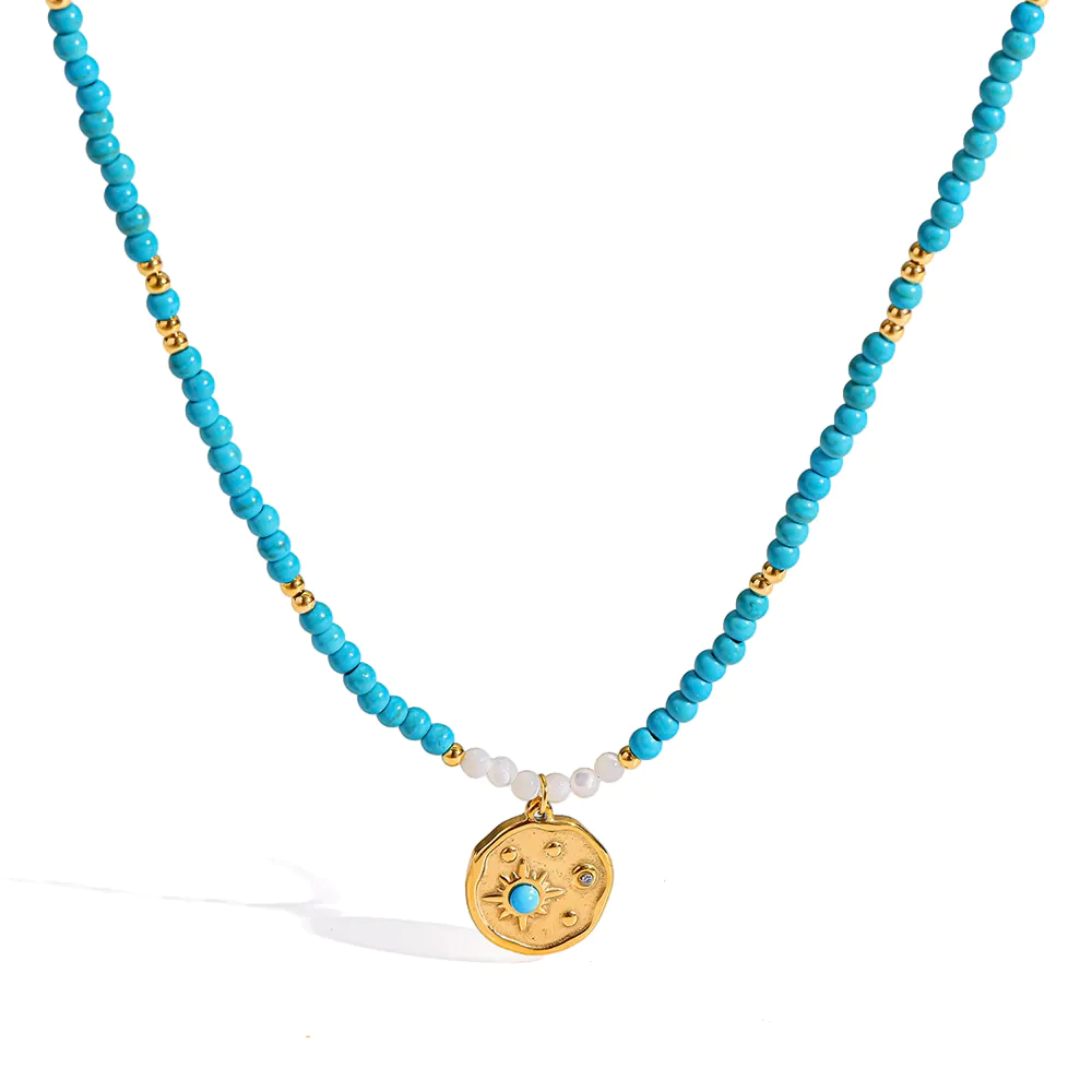 18k gold plated stainless steel vintage beaded choker natural turquoise stone sunburst round pendant stackable layering women neck jewelry
