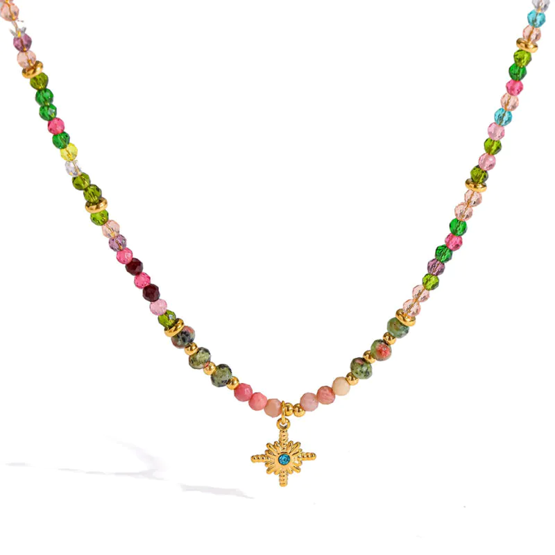 18k gold plated stainless steel vintage beaded choker natural stone glass bead eight pointed star pendant stackable women collarbone neck jewelry