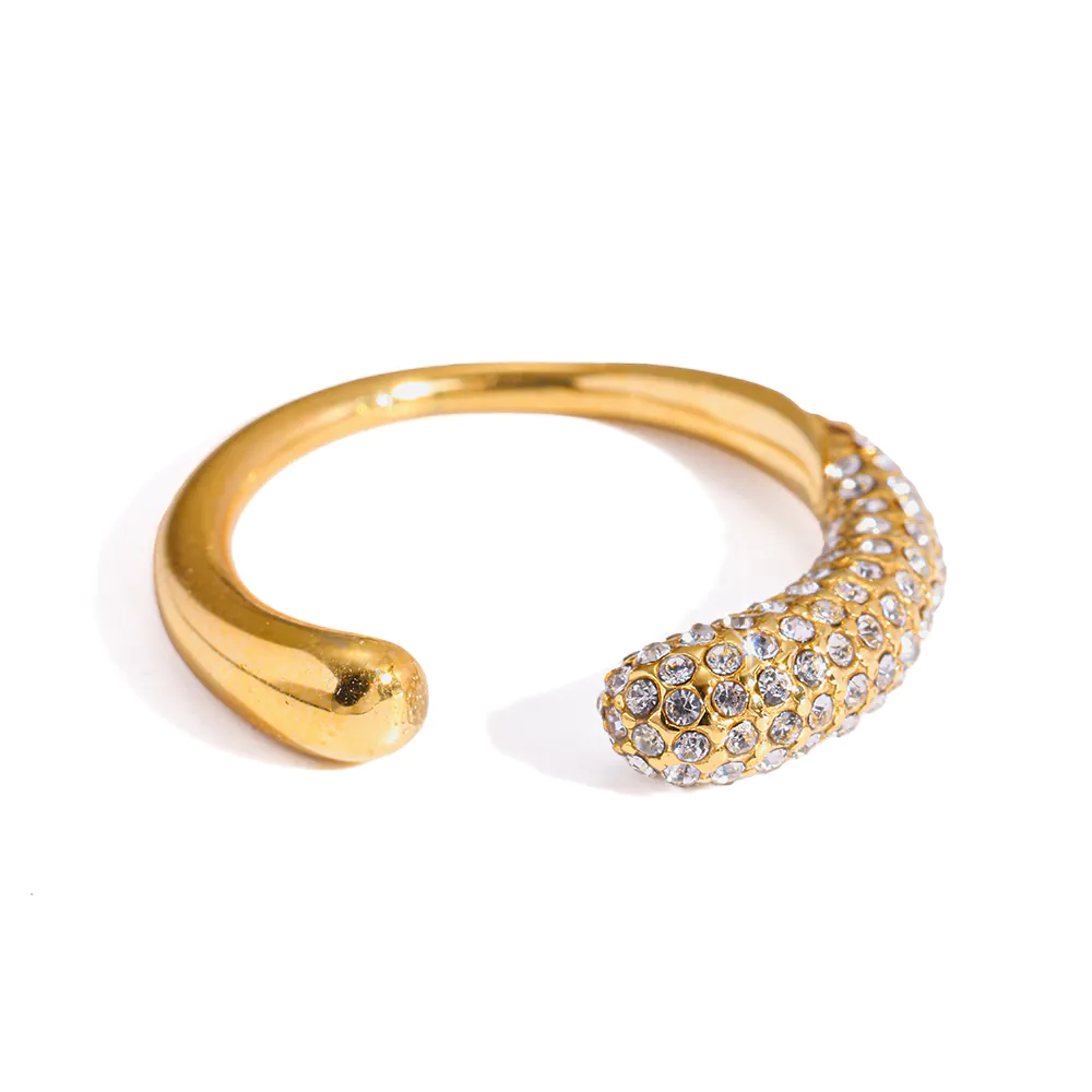 18K Gold‑Plated Stainless Steel Pave CZ Open Ring, Ins‑Style Teardrop Shape High‑End Minimalist Adjustable Finger Jewelry For Women