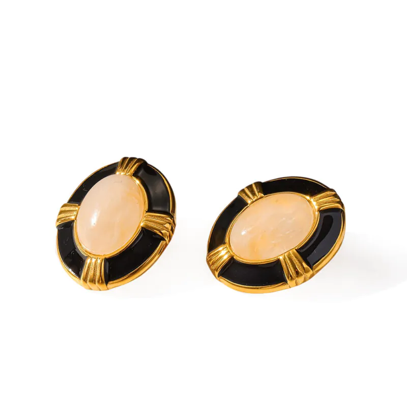 18k gold plated stainless steel ins vintage oval natural stone black enamel stud earrings retro luxury waterproof women ear jewelry