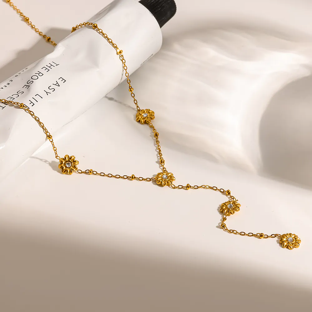 18K Gold-Plated Stainless Steel Daisy Cubic Zirconia Y Drop Necklace, Floral Tassel Necklace For Women - Image 2