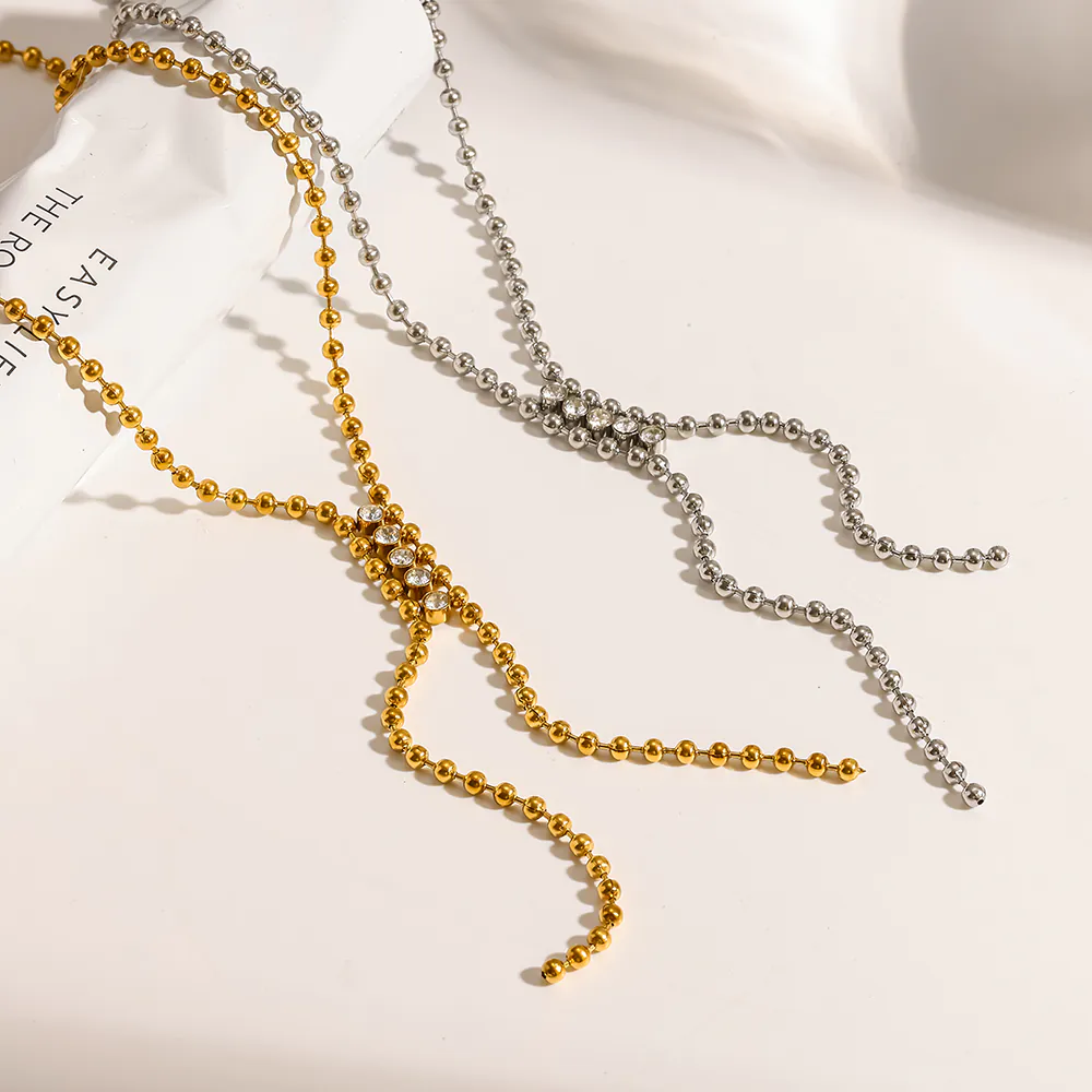 18K Gold-Plated Stainless Steel Beaded Cubic Zirconia Y Drop Necklace, Waterproof Tassel Necklace For Women - Image 2