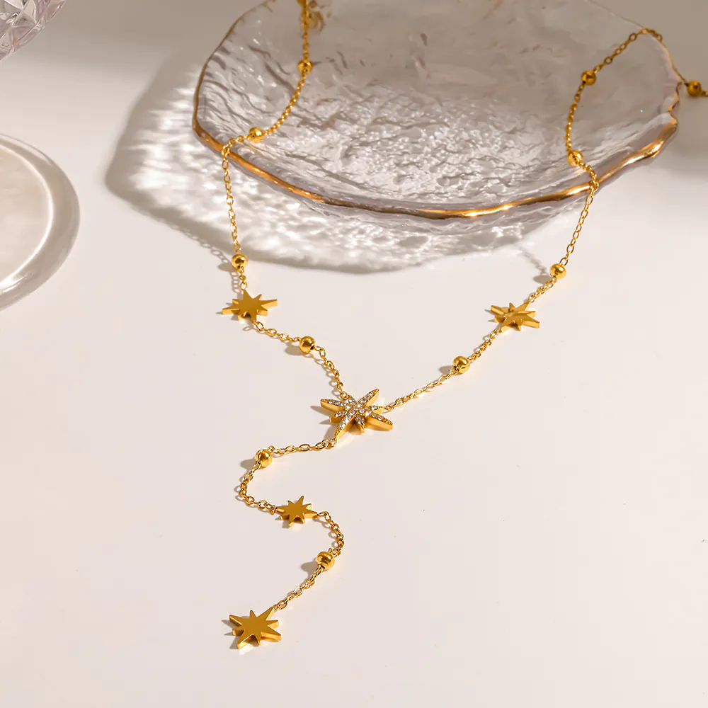 18K Gold-Plated Stainless Steel Octagram Cubic Zirconia Y Drop Necklace, Waterproof Necklace For Women - Image 2