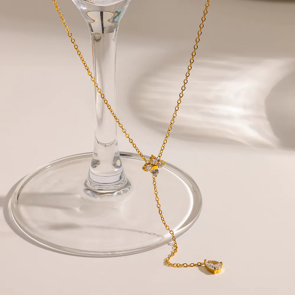 18K Gold-Plated Stainless Steel Floral & Teardrop Cubic Zirconia Y Drop Necklace, Minimalist Necklace For Women - Image 2