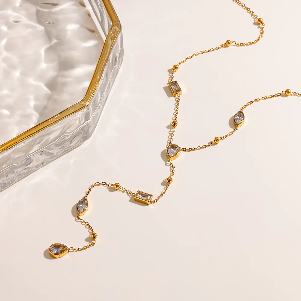 18K Gold-Plated Stainless Steel Geometric Marquise Cubic Zirconia Y Drop Necklace, Waterproof Necklace For Women - Image 2