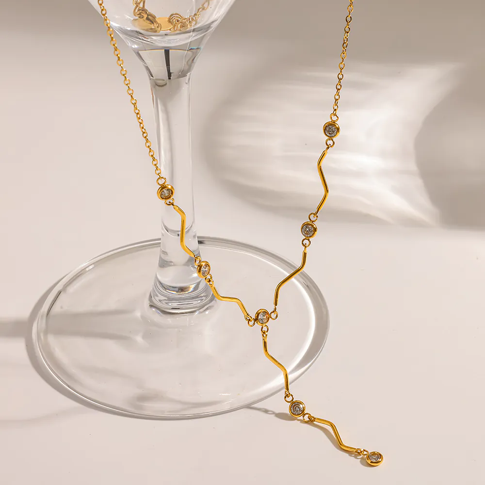 18K Gold-Plated Stainless Steel Wavy Cubic Zirconia Y Drop Necklace, Waterproof Minimalist Necklace For Women - Image 2