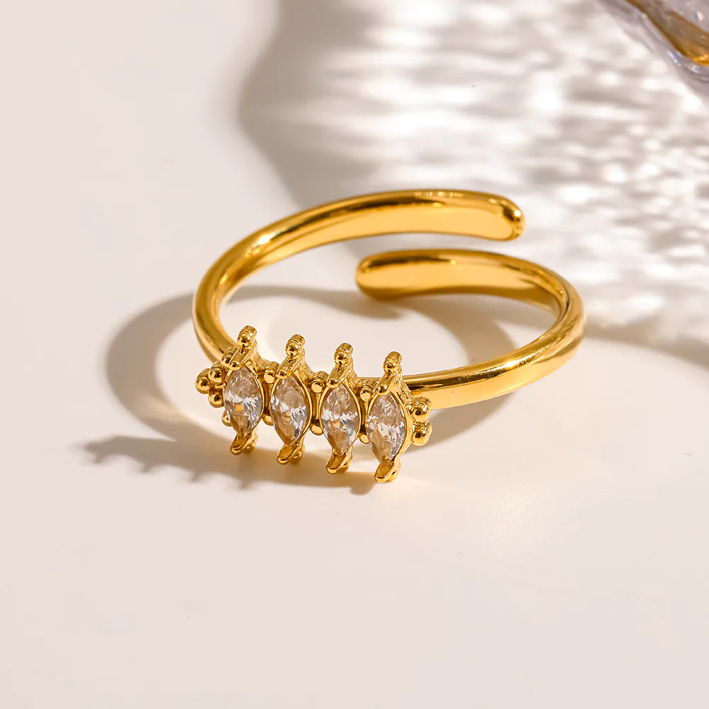 18K Gold-Plated Stainless Steel Marquise Cubic Zirconia Stackable Open Ring, Women Finger Jewelry - Image 2