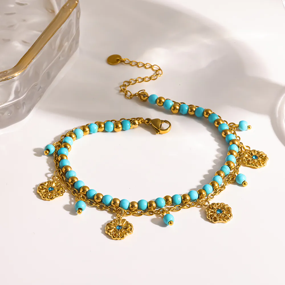 18K Gold-Plated Stainless Steel Double Layer Anklet, Natural Turquoise Beaded Flower Pendant Women Foot Jewelry - Image 2