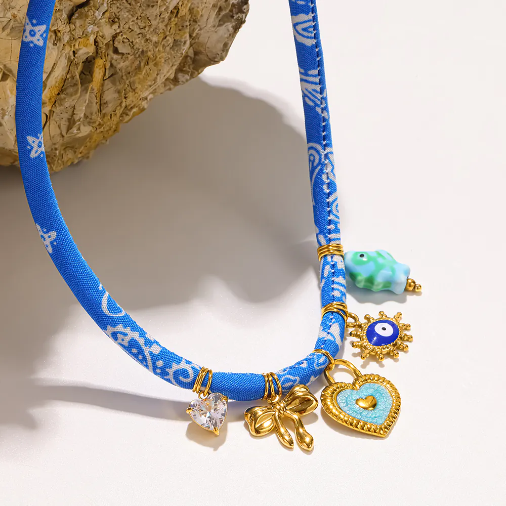 18K Gold-Plated Stainless Steel Fabric Choker, Heart & Evil Eye Pendant, Unique Ethnic Necklace For Women - Image 2
