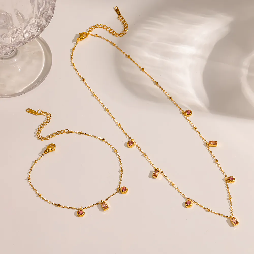 18K Gold-Plated Stainless Steel Pink Geometric Cubic Zirconia Necklace & Bracelet, Waterproof Luxury Women Jewelry - Image 2
