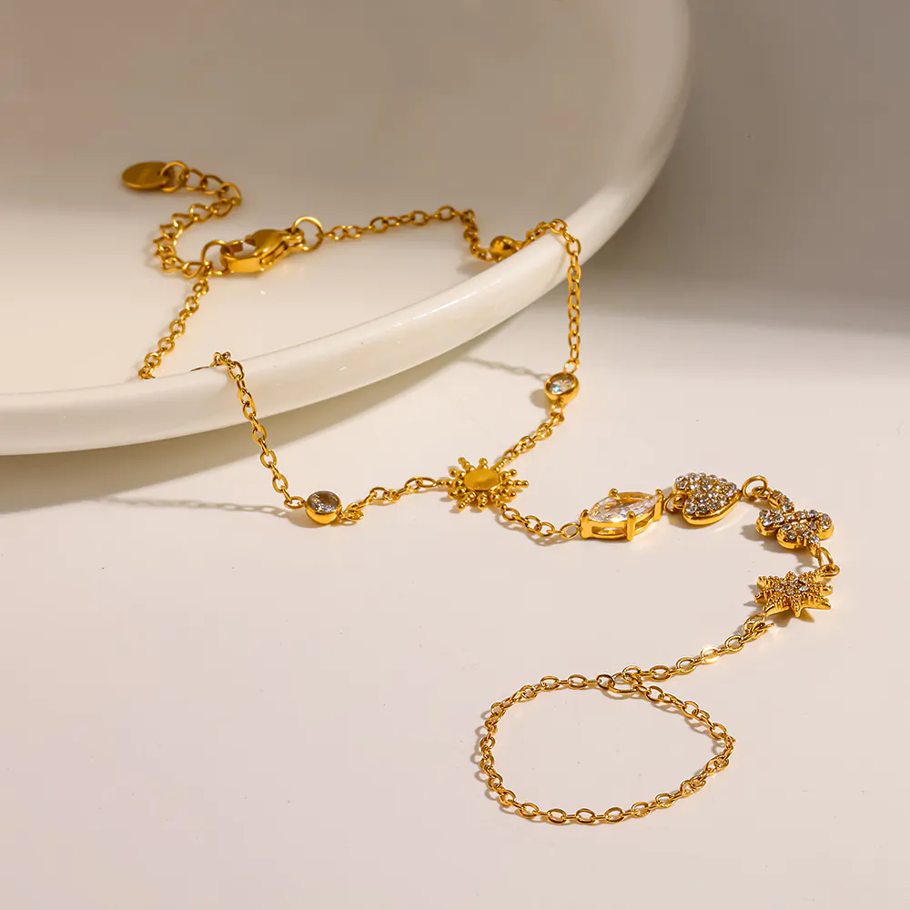 18K Gold-Plated Stainless Steel Sun & Star Cubic Zirconia Hand Chain, Bracelet With Attached Ring For Women - Image 2