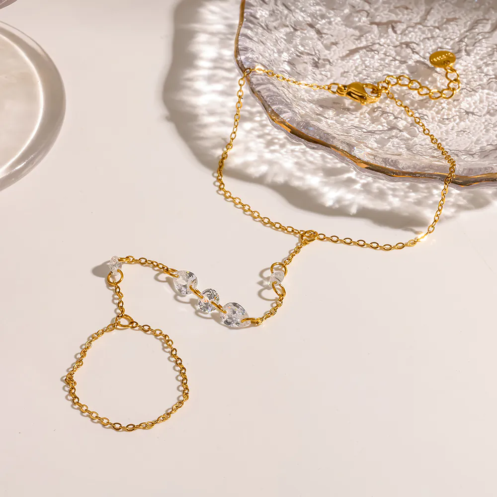 18K Gold-Plated Stainless Steel Teardrop Cubic Zirconia Hand Chain, Waterproof Integrated Bracelet With Ring For Women - Image 2