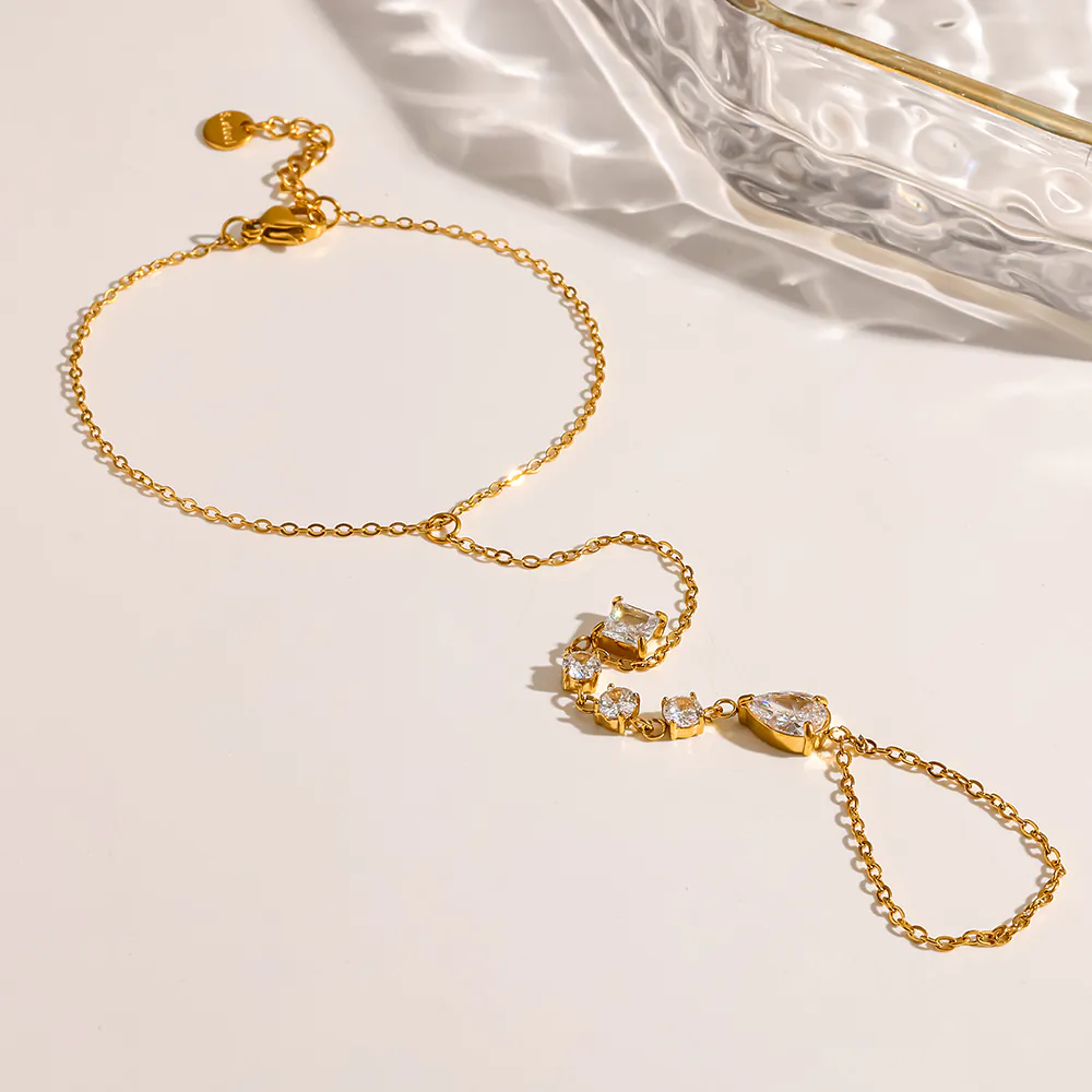 18K Gold-Plated Stainless Steel Teardrop Cubic Zirconia Hand Chain, Waterproof Integrated Bracelet With Ring For Women - Image 2