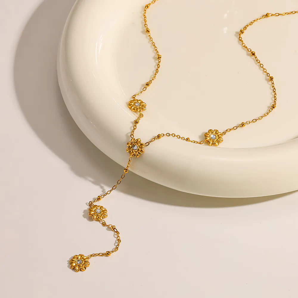 18K Gold-Plated Stainless Steel Daisy Cubic Zirconia Y Drop Necklace, Floral Tassel Necklace For Women - Image 3