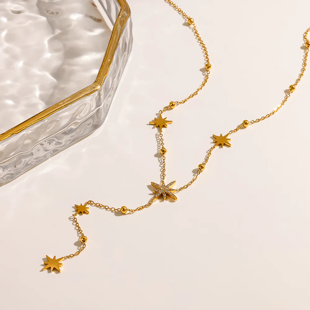 18K Gold-Plated Stainless Steel Octagram Cubic Zirconia Y Drop Necklace, Waterproof Necklace For Women - Image 3