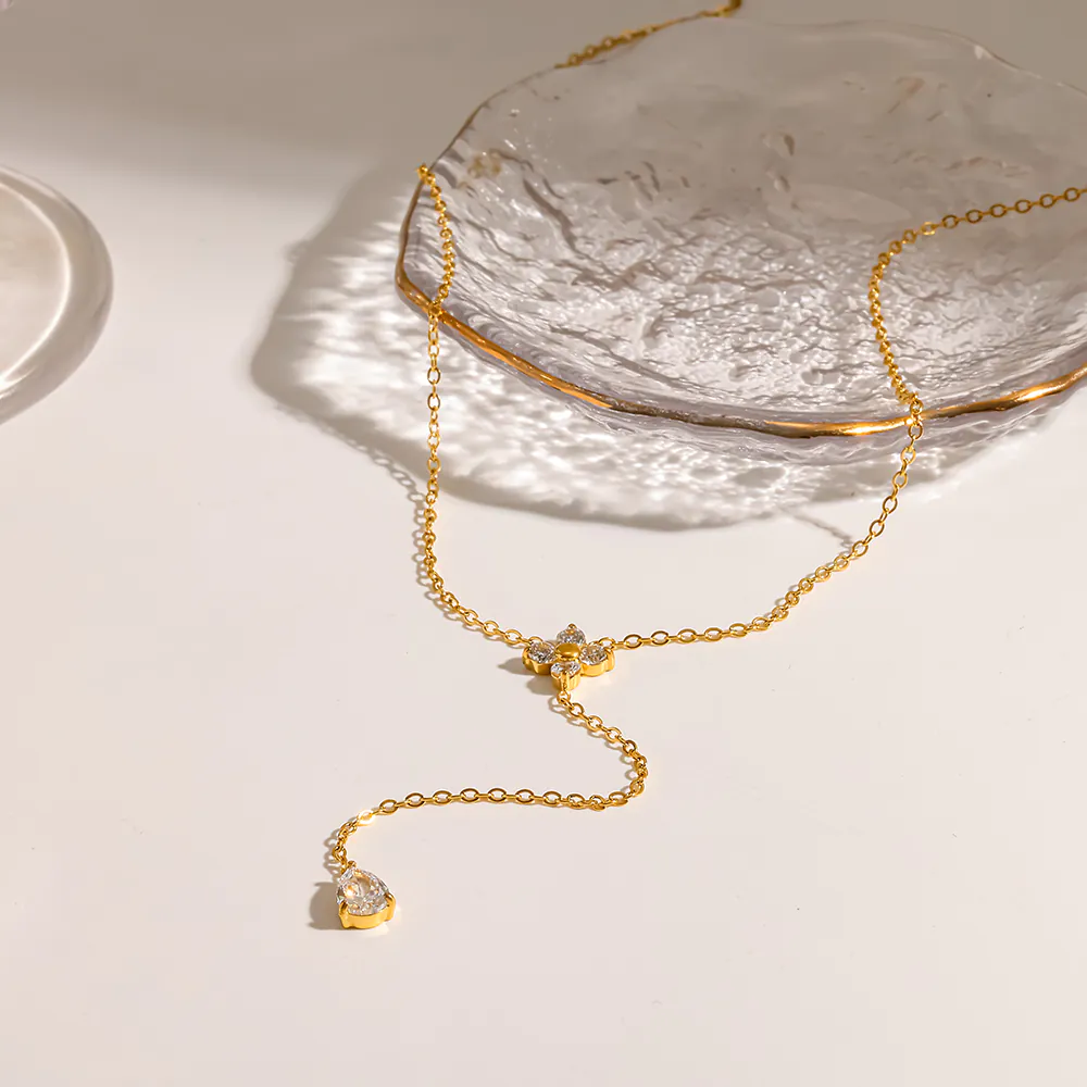 18K Gold-Plated Stainless Steel Floral & Teardrop Cubic Zirconia Y Drop Necklace, Minimalist Necklace For Women - Image 3
