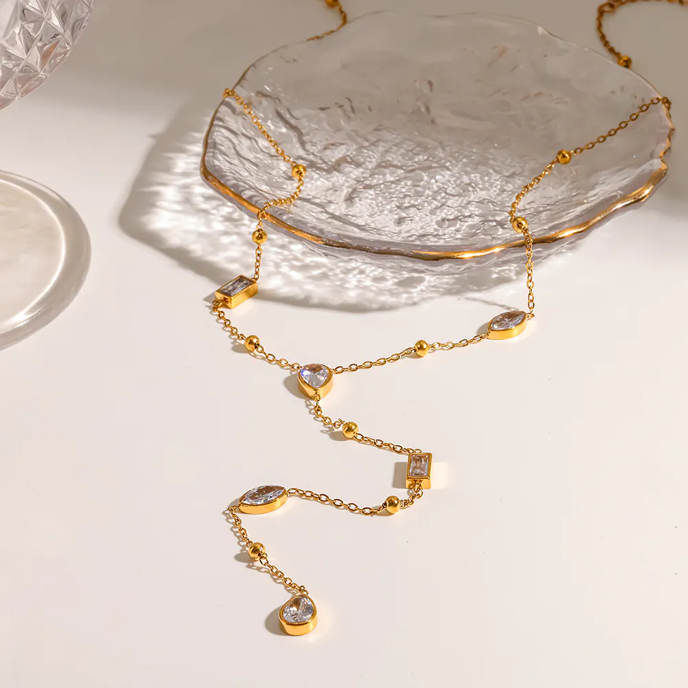 18K Gold-Plated Stainless Steel Geometric Marquise Cubic Zirconia Y Drop Necklace, Waterproof Necklace For Women - Image 3