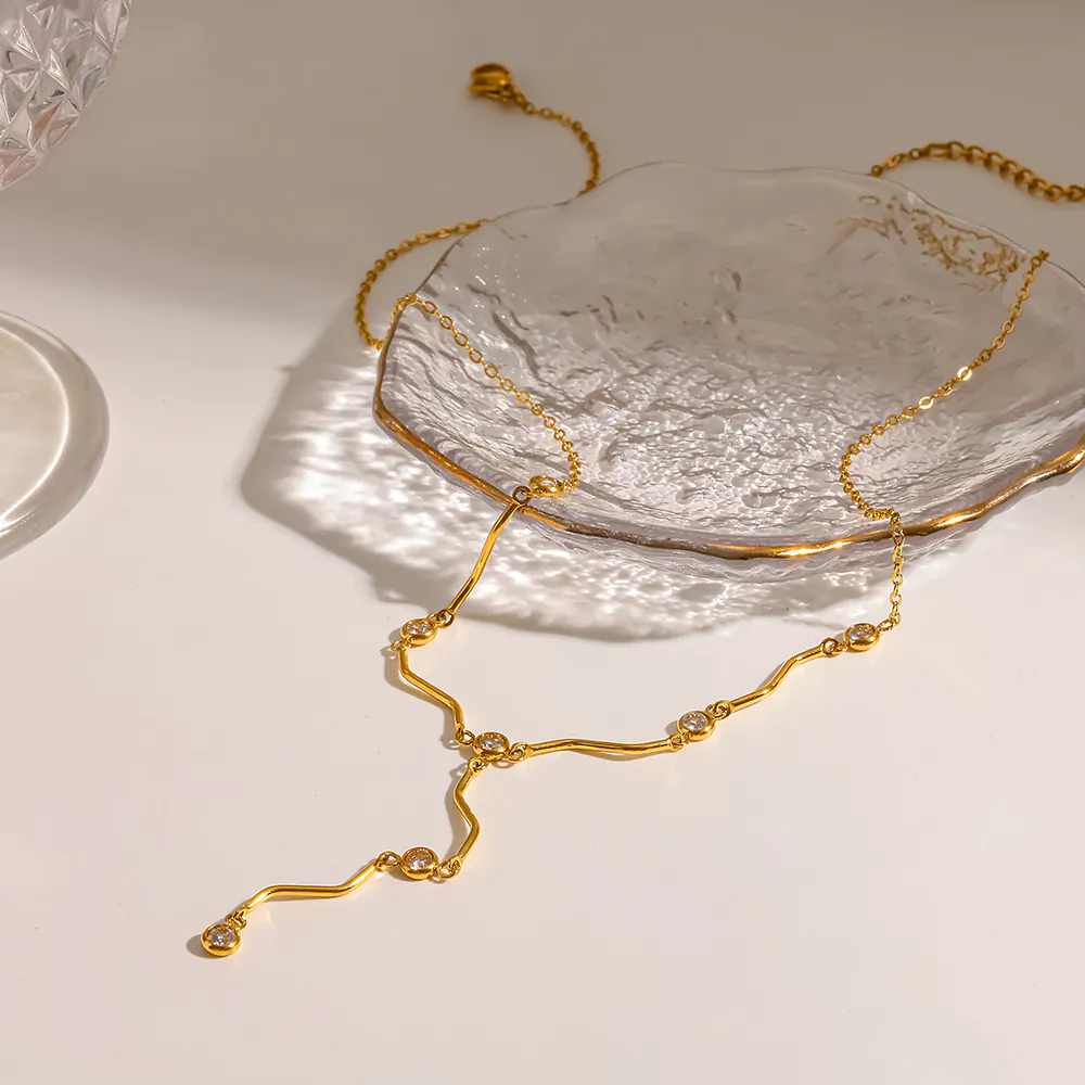 18K Gold-Plated Stainless Steel Wavy Cubic Zirconia Y Drop Necklace, Waterproof Minimalist Necklace For Women - Image 3