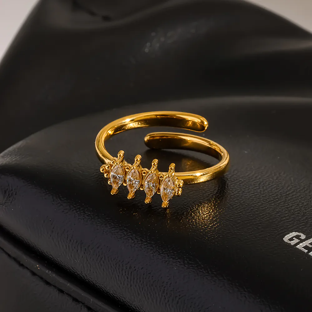 18K Gold-Plated Stainless Steel Marquise Cubic Zirconia Stackable Open Ring, Women Finger Jewelry - Image 3