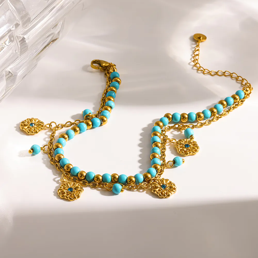 18K Gold-Plated Stainless Steel Double Layer Anklet, Natural Turquoise Beaded Flower Pendant Women Foot Jewelry - Image 3