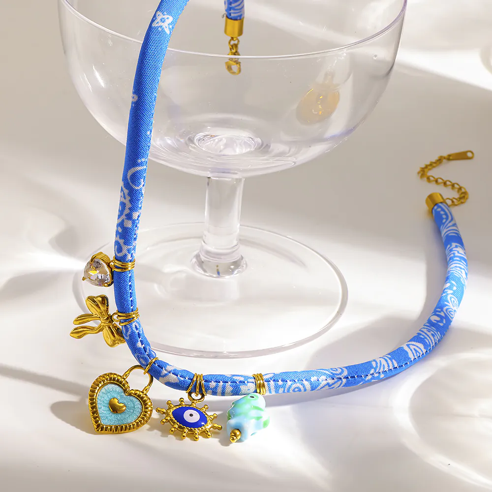 18K Gold-Plated Stainless Steel Fabric Choker, Heart & Evil Eye Pendant, Unique Ethnic Necklace For Women - Image 3