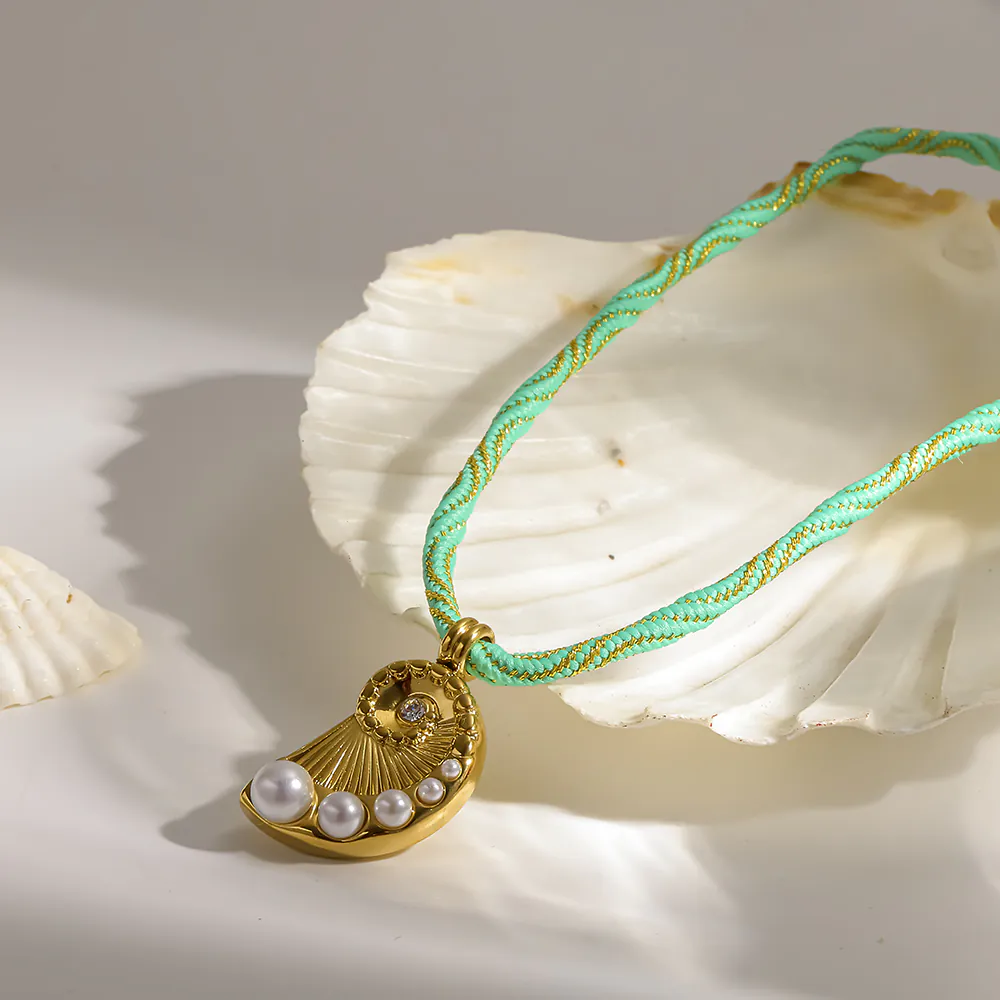 18K Gold-Plated Stainless Steel Conch Pearl Pendant Braided Rope Necklace, Ocean Inspired Necklace For Women - Image 3