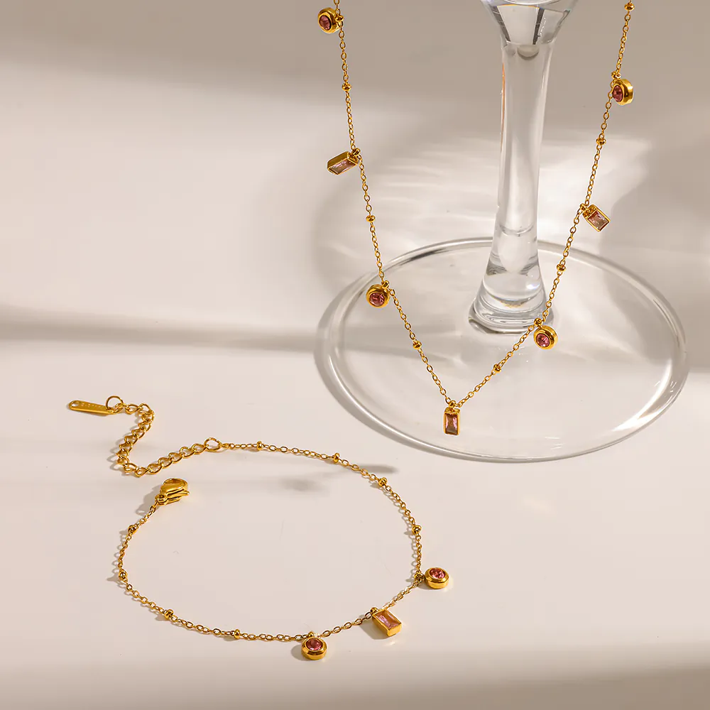 18K Gold-Plated Stainless Steel Pink Geometric Cubic Zirconia Necklace & Bracelet, Waterproof Luxury Women Jewelry - Image 3