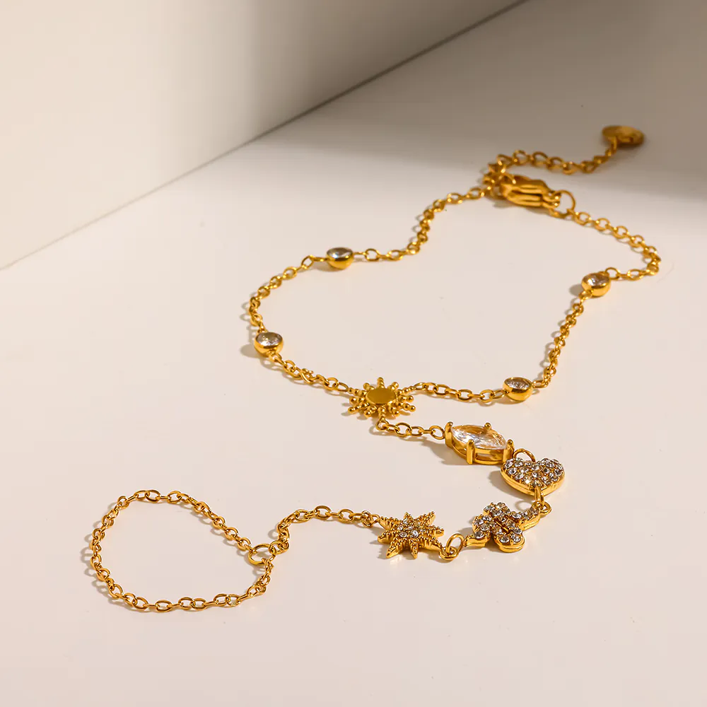 18K Gold-Plated Stainless Steel Sun & Star Cubic Zirconia Hand Chain, Bracelet With Attached Ring For Women - Image 3