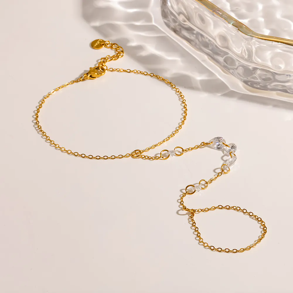 18K Gold-Plated Stainless Steel Teardrop Cubic Zirconia Hand Chain, Waterproof Integrated Bracelet With Ring For Women - Image 3