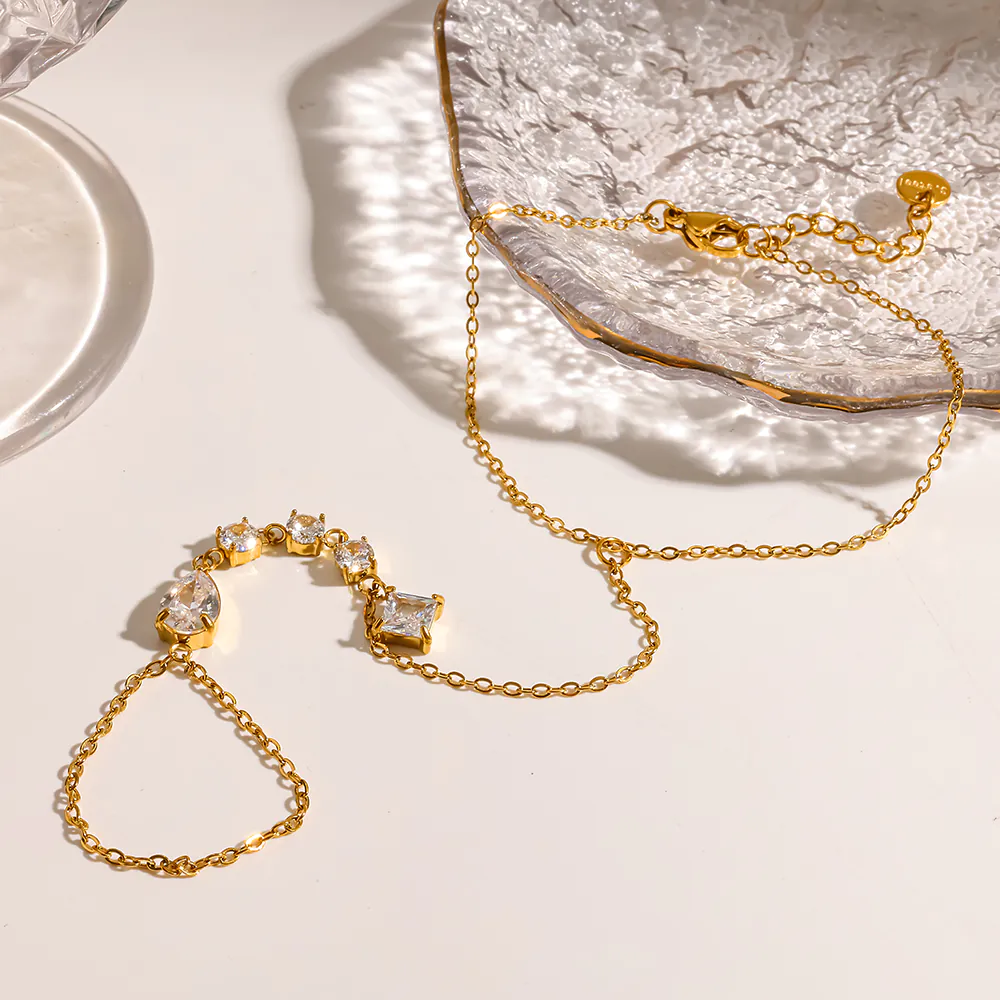 18K Gold-Plated Stainless Steel Teardrop Cubic Zirconia Hand Chain, Waterproof Integrated Bracelet With Ring For Women - Image 3