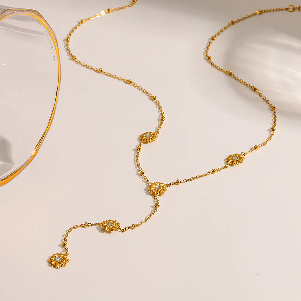 18K Gold-Plated Stainless Steel Daisy Cubic Zirconia Y Drop Necklace, Floral Tassel Necklace For Women - Image 4