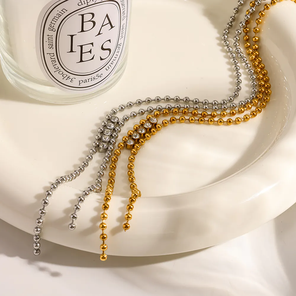 18K Gold-Plated Stainless Steel Beaded Cubic Zirconia Y Drop Necklace, Waterproof Tassel Necklace For Women - Image 4