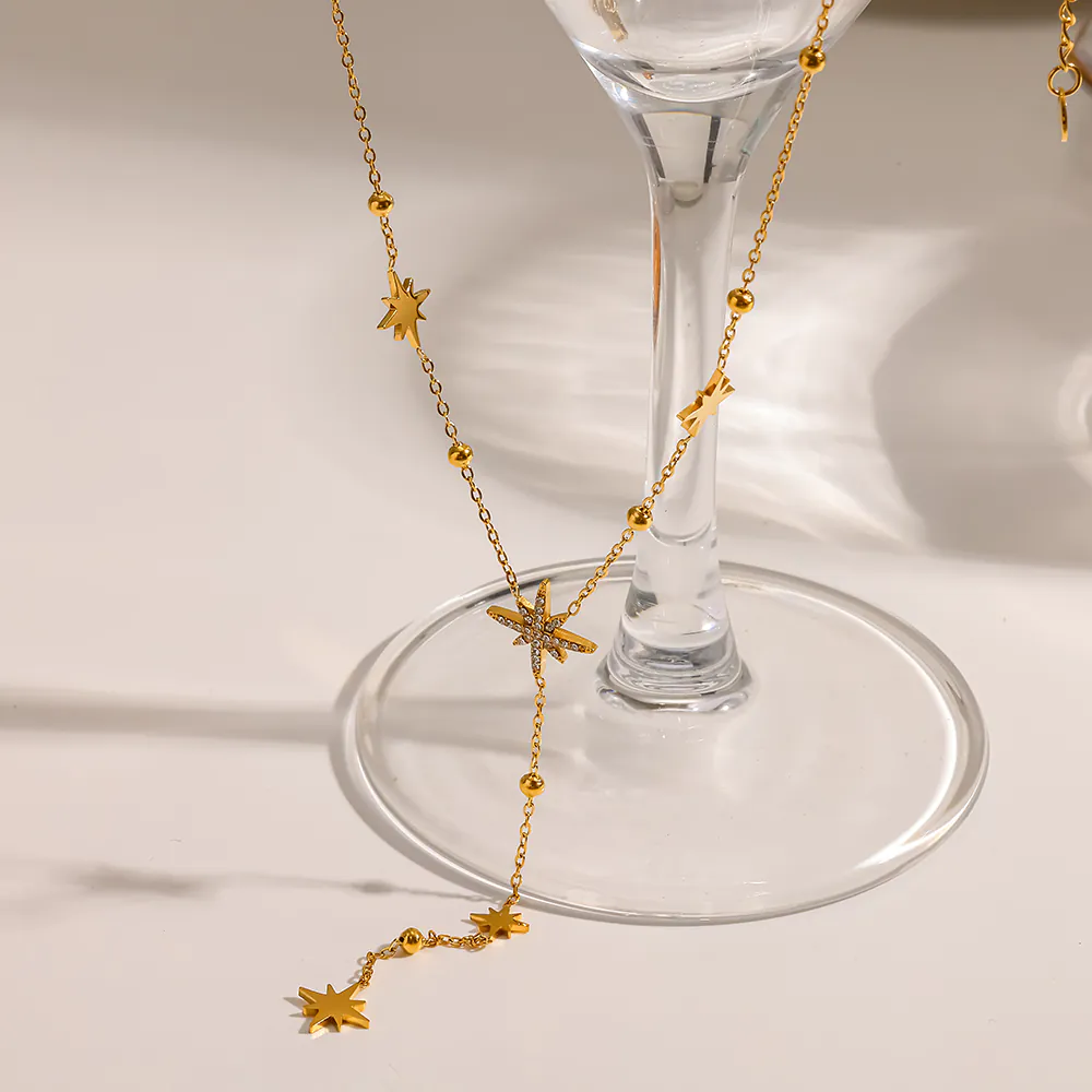 18K Gold-Plated Stainless Steel Octagram Cubic Zirconia Y Drop Necklace, Waterproof Necklace For Women - Image 4