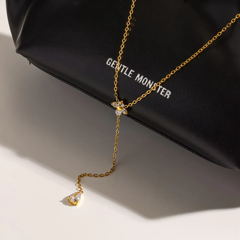 18K Gold-Plated Stainless Steel Floral & Teardrop Cubic Zirconia Y Drop Necklace, Minimalist Necklace For Women - Image 4