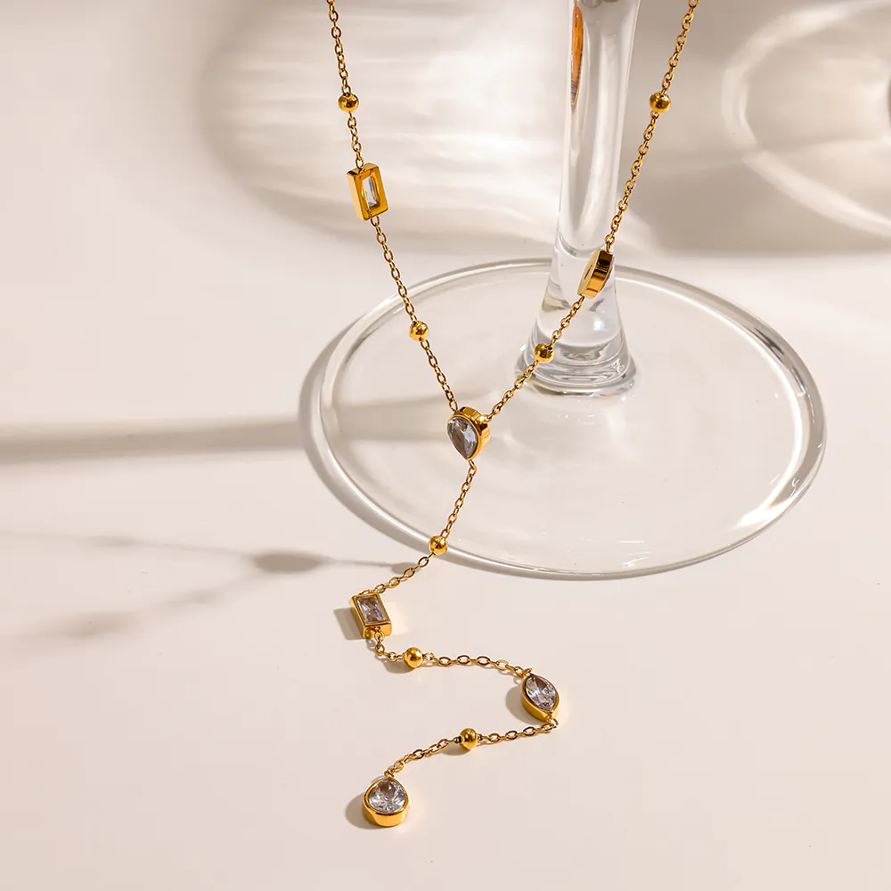 18K Gold-Plated Stainless Steel Geometric Marquise Cubic Zirconia Y Drop Necklace, Waterproof Necklace For Women - Image 4