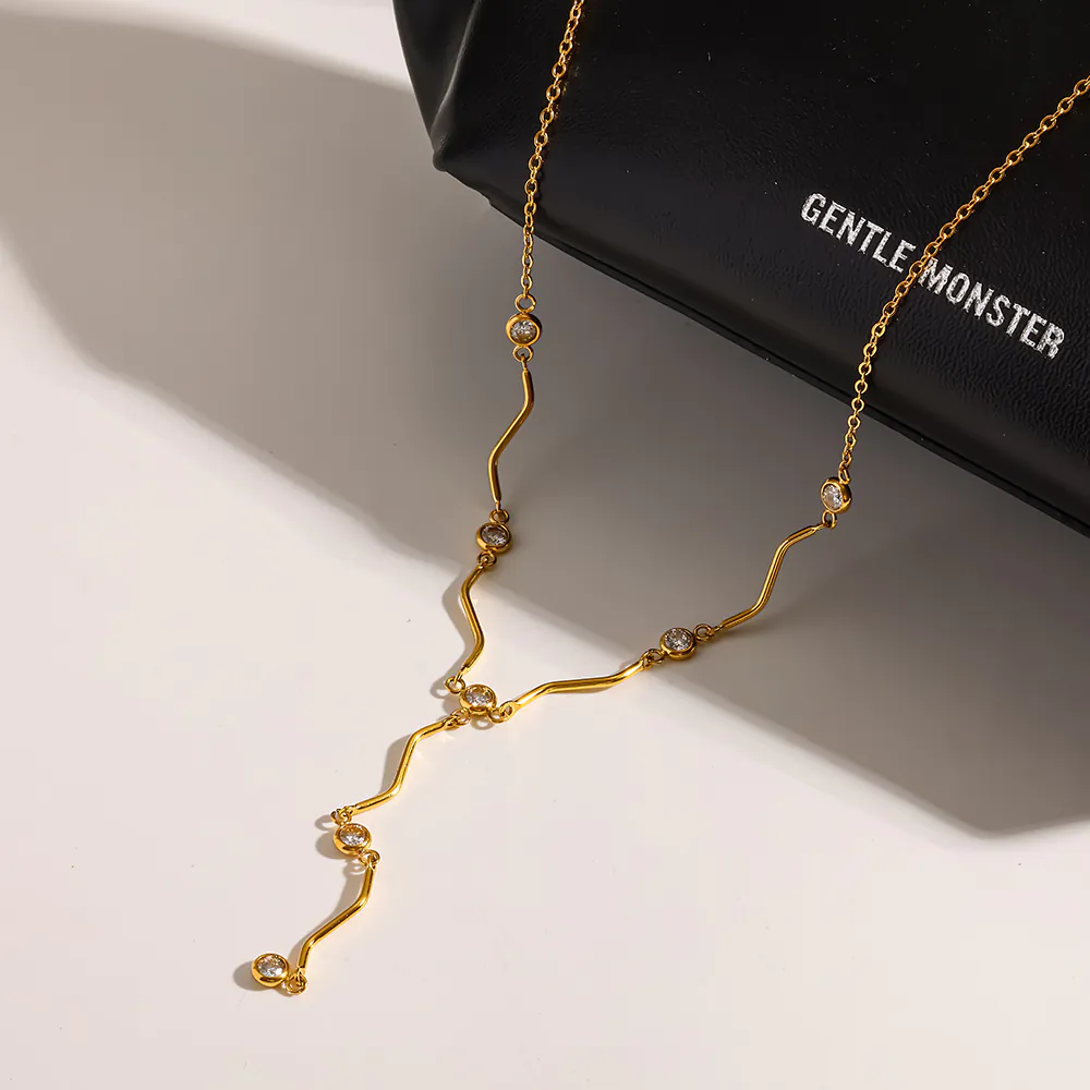18K Gold-Plated Stainless Steel Wavy Cubic Zirconia Y Drop Necklace, Waterproof Minimalist Necklace For Women - Image 4