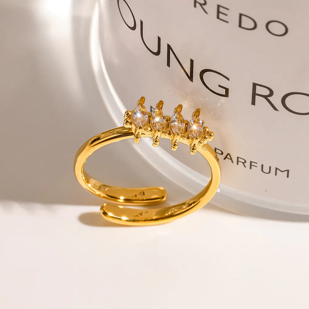 18K Gold-Plated Stainless Steel Marquise Cubic Zirconia Stackable Open Ring, Women Finger Jewelry - Image 4