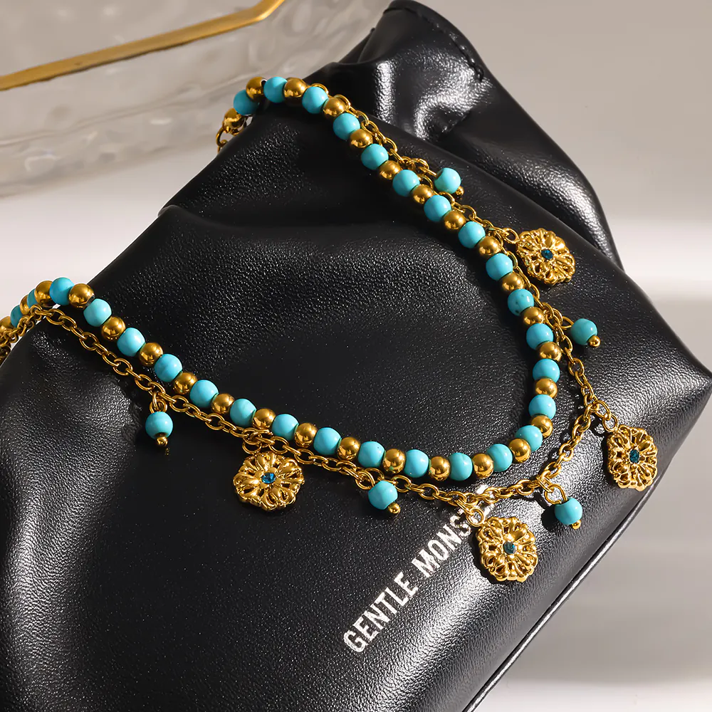 18K Gold-Plated Stainless Steel Double Layer Anklet, Natural Turquoise Beaded Flower Pendant Women Foot Jewelry - Image 4