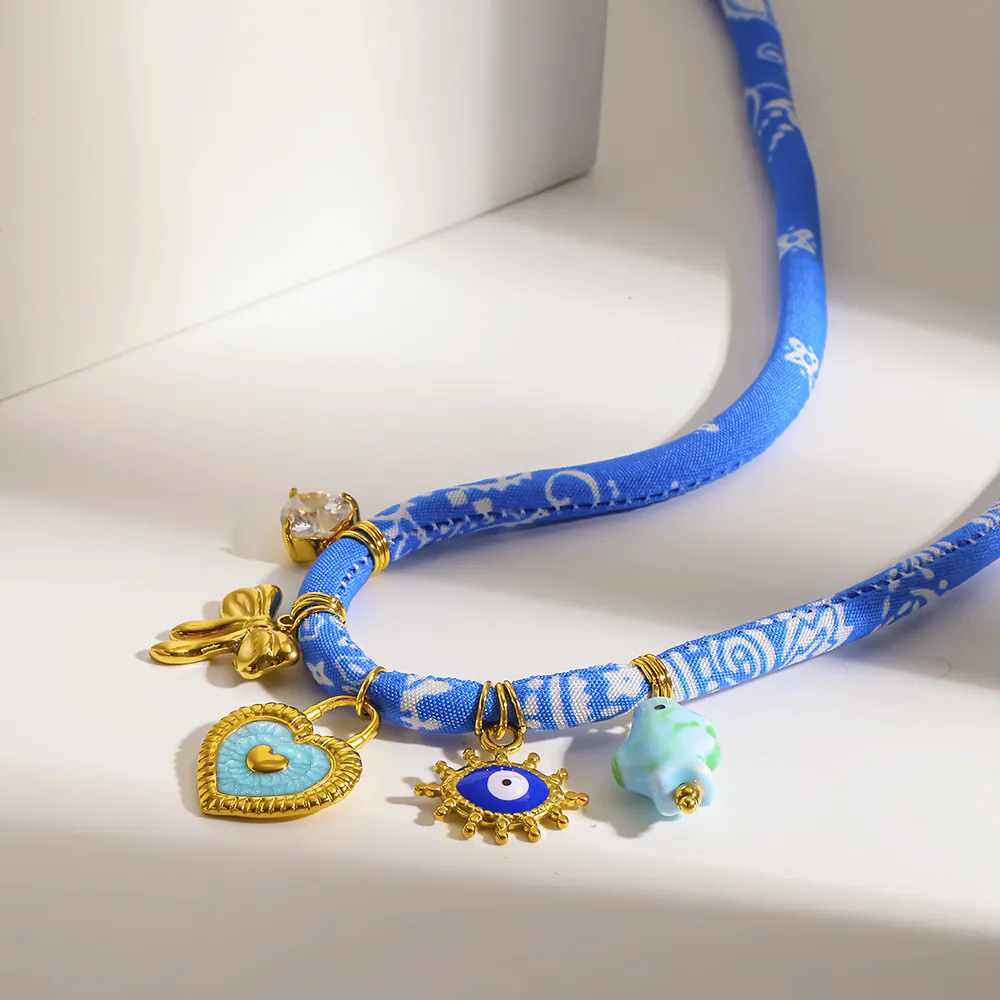 18K Gold-Plated Stainless Steel Fabric Choker, Heart & Evil Eye Pendant, Unique Ethnic Necklace For Women - Image 4