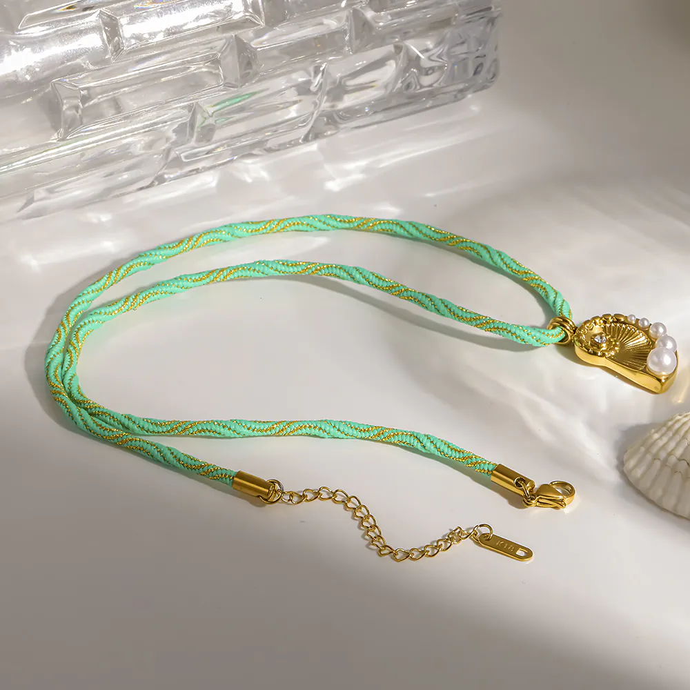 18K Gold-Plated Stainless Steel Conch Pearl Pendant Braided Rope Necklace, Ocean Inspired Necklace For Women - Image 4