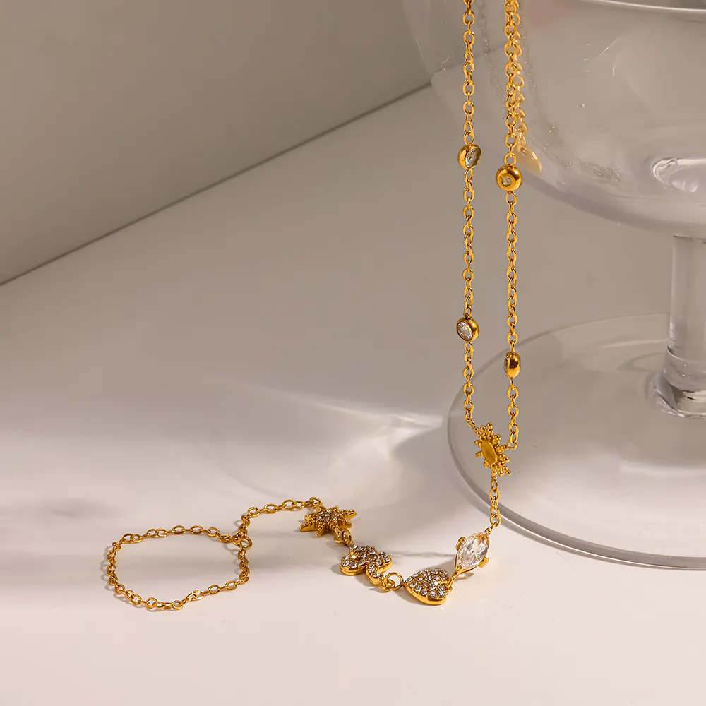18K Gold-Plated Stainless Steel Sun & Star Cubic Zirconia Hand Chain, Bracelet With Attached Ring For Women - Image 4