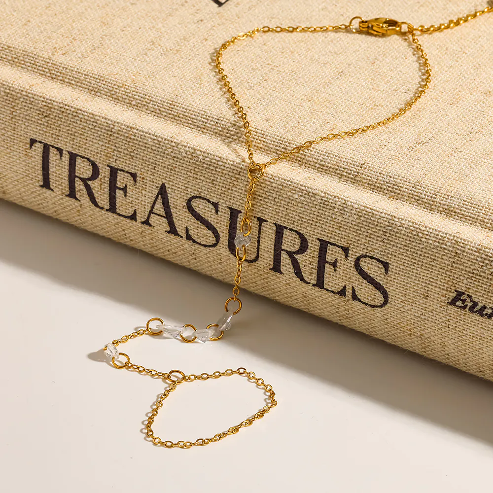 18K Gold-Plated Stainless Steel Teardrop Cubic Zirconia Hand Chain, Waterproof Integrated Bracelet With Ring For Women - Image 4