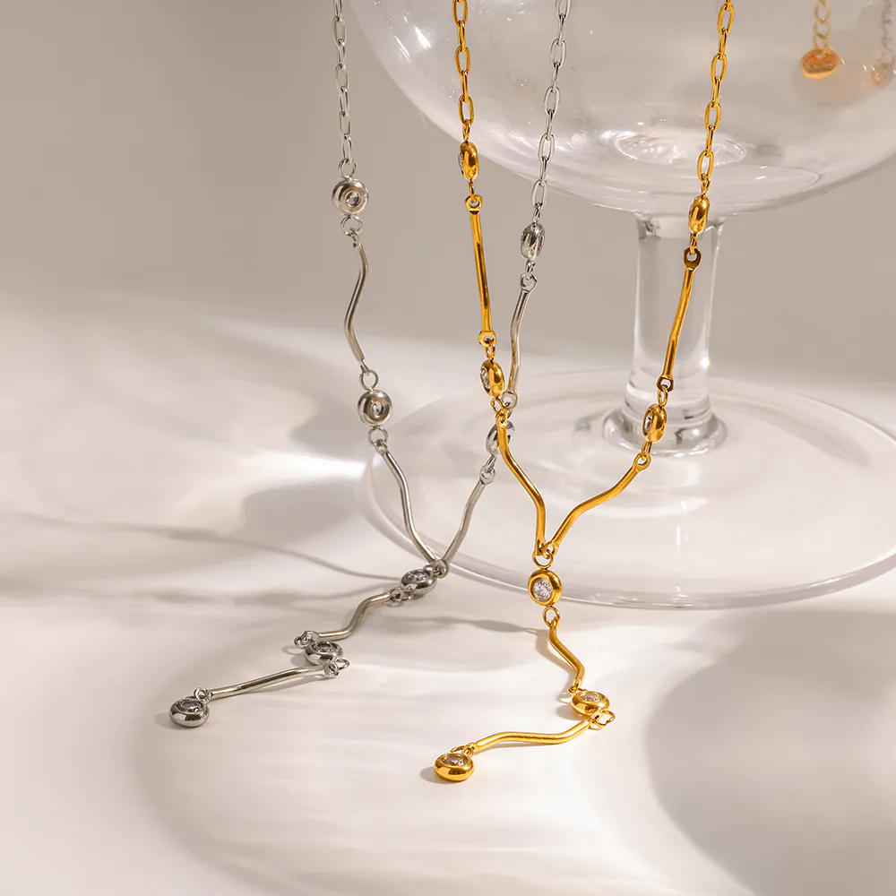18K Gold-Plated Stainless Steel Wavy Cubic Zirconia Y Drop Necklace, Minimalist Women Necklace For Women - Image 4