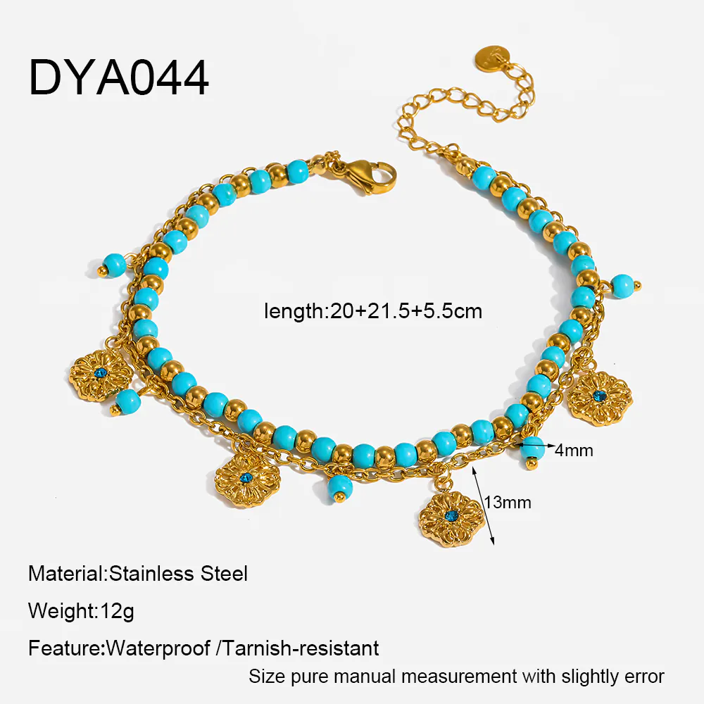 18K Gold-Plated Stainless Steel Double Layer Anklet, Natural Turquoise Beaded Flower Pendant Women Foot Jewelry - Image 5