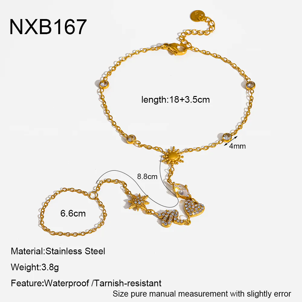 18K Gold-Plated Stainless Steel Sun & Star Cubic Zirconia Hand Chain, Bracelet With Attached Ring For Women - Image 5